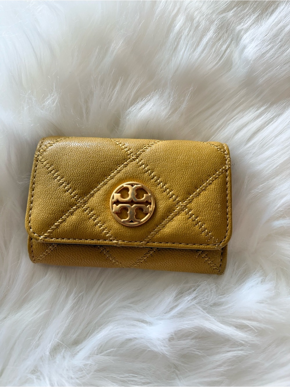 Tory Burch Mustard Quilted Leather Card Wallet with Gold Logo
